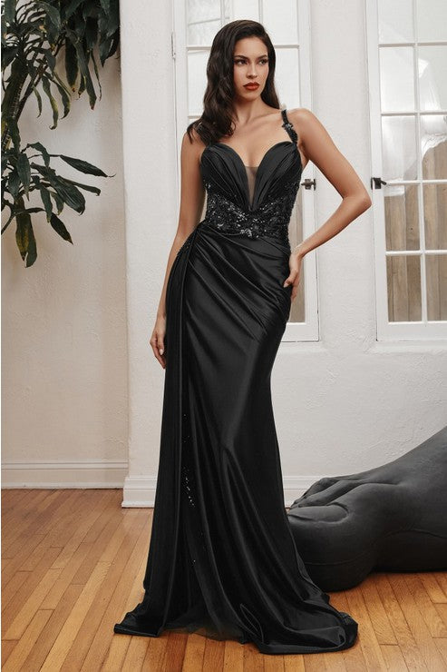 Satin Glamour Gown with tulle slit on side