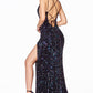sequin gown and deep plunging neckline.