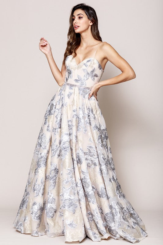 Mesh Overlay Ball Gown w/ Floral Embroidery