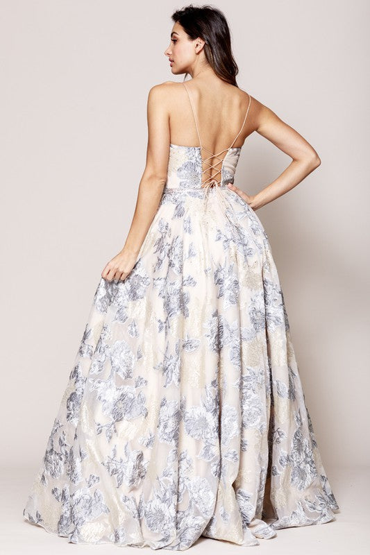 Mesh Overlay Ball Gown w/ Floral Embroidery