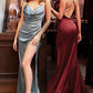 Cowl neck neck soft satin fitten gown with slit