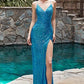 CH225 RUCHED FITTED SEQUIN EVENING GOWN