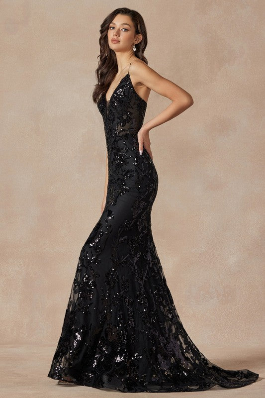 Sequin Embellished Fitted Evening Gowne-112-411
