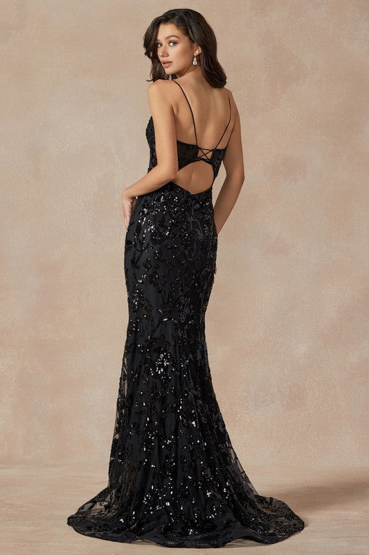 Sequin Embellished Fitted Evening Gowne-112-411