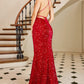 Deep V Neck Thigh High Slit Sequin Dress-143-113
