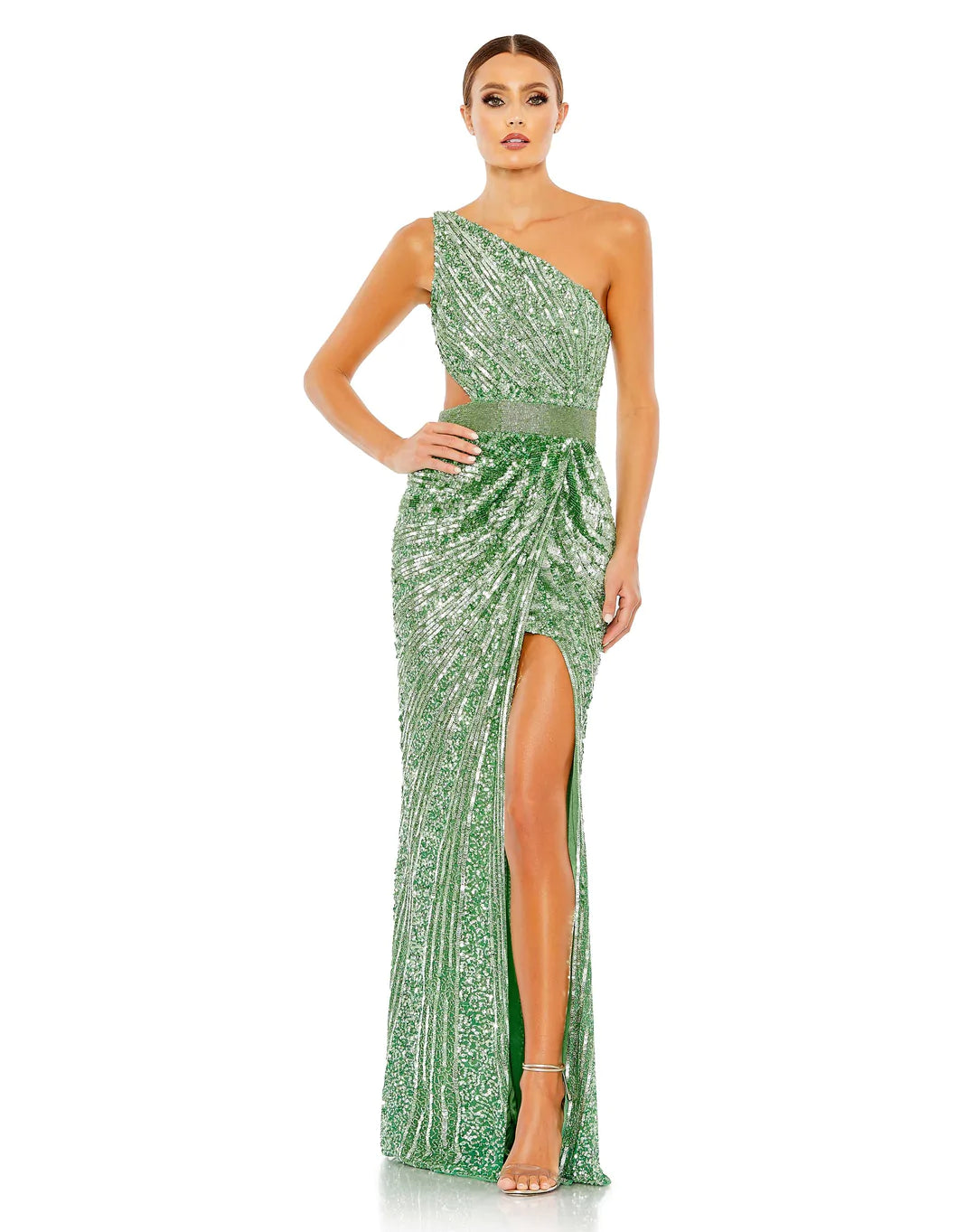 Mac Duggal SEQUINED ONE SHOULDER DRAPED LACE UP GOWN #5687