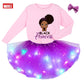 Girls Tutu Dress Kids Sequined Princess Dress Black African Curly Hair Girl Long Sleeve T-Shirt + Luminous Skirt + Hairpin Set