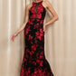 FLORAL EMBROIDERED FULL LENGTH PARTY DRESS WITH LACE BACK AND BACK SLIT
