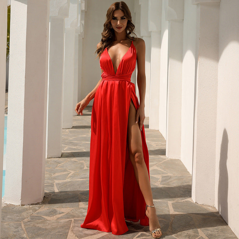 Sexy Spaghetti Tie Strap with Slit Gown