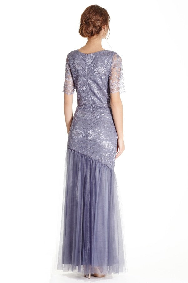 Lace mermaid dress with sheer lace half length sleeves, v-neckline, asymmetric hemline, full length skirt.