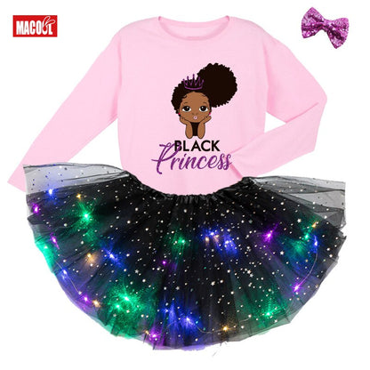 Girls Tutu Dress Kids Sequined Princess Dress Black African Curly Hair Girl Long Sleeve T-Shirt + Luminous Skirt + Hairpin Set