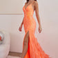 LADIVINE CD0209 FITTED SEQUIN GOWN WITH FEATHER APPLIQUE