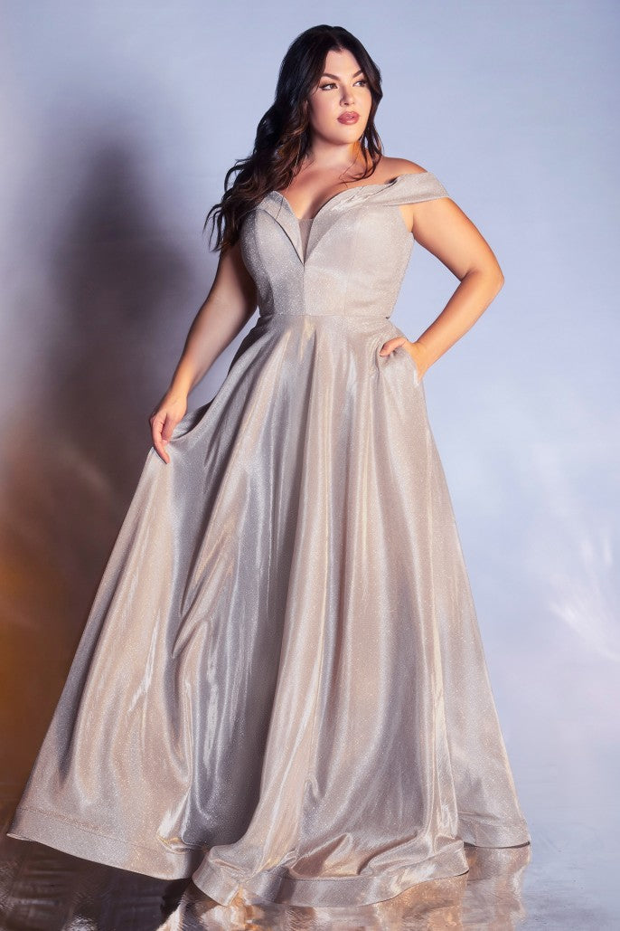 LADIVINE-CD210C METALLIC OFF THE SHOULDER BALL GOWN CURVE